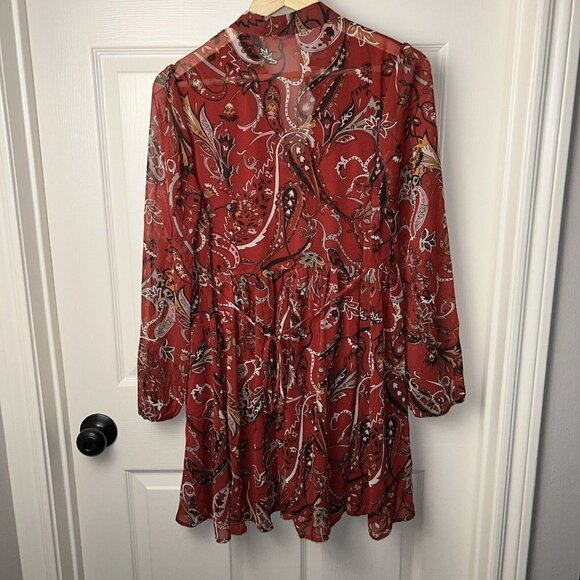 Charlotte Russe Red Floral Boho Long Sleeved Button V-Neck Babydoll Dress Medium - Picture 5 of 10